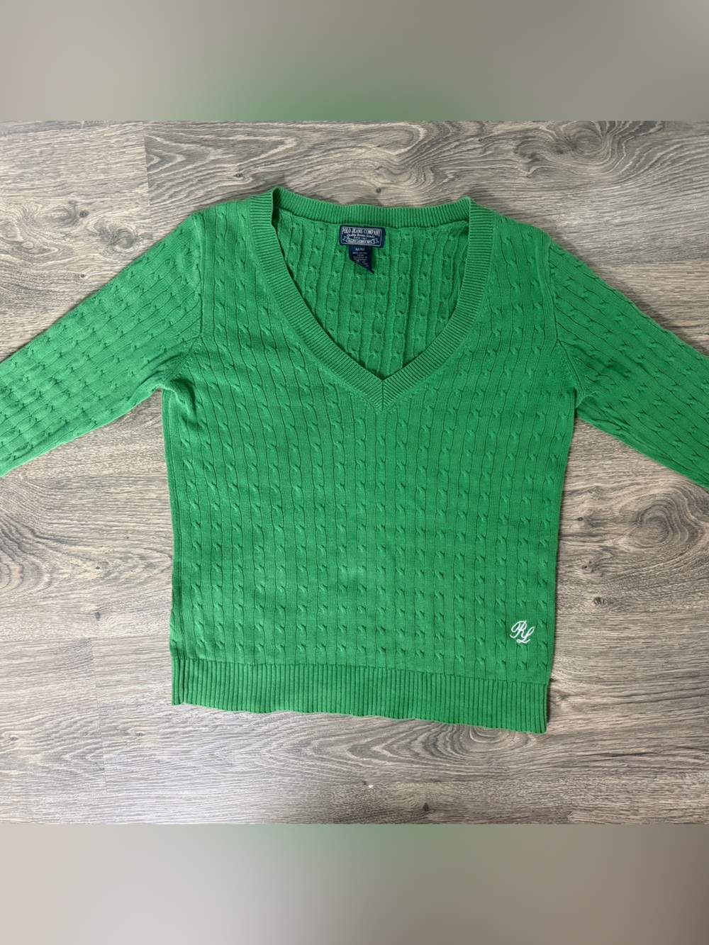 Ralph Lauren Bright Green Cable-Knit V-Neck Sweater